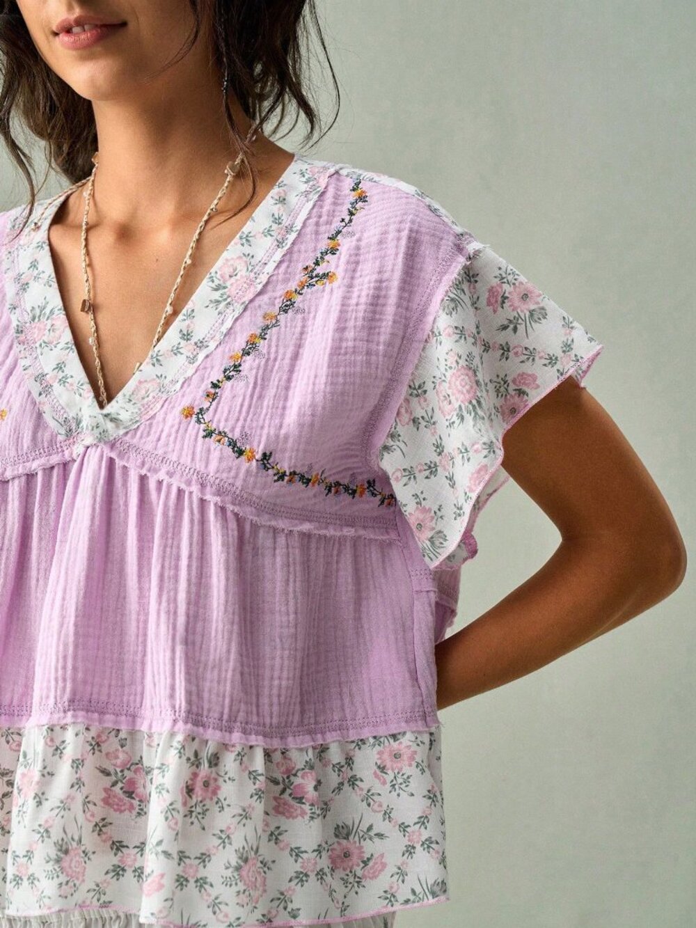 Purple Boho Women's French V-Neck Blouse - Picture 7 of 8